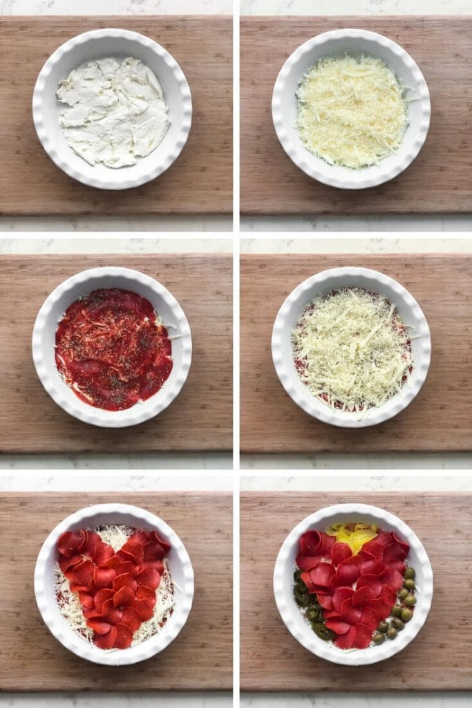 A collage of images with a white dish on a cutting board and steps for filling it with pizza dip.