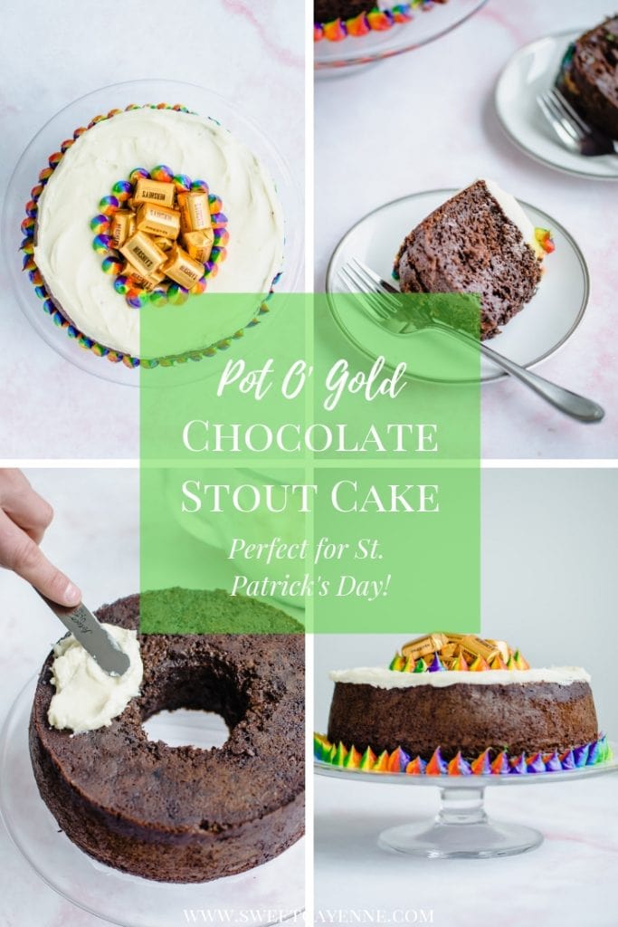 A shot of a Pot O' Gold Chocolate Stout Cake on a glass cake stand. 