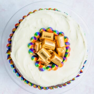 An overhead shot of a Pot O' Gold chocolate stout cake on a pink marble backdrop.