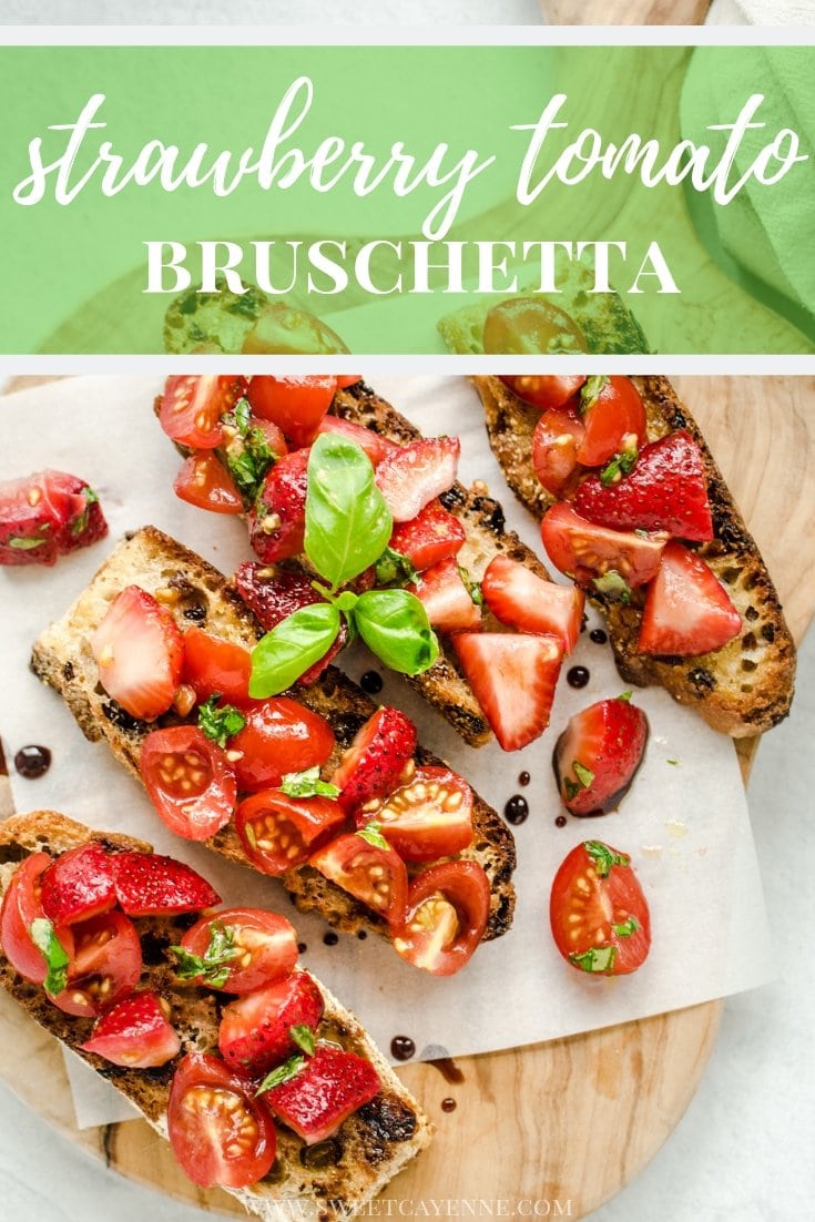 An overhead shot of strawberry bruschetta on parchment paper and a cutting board.