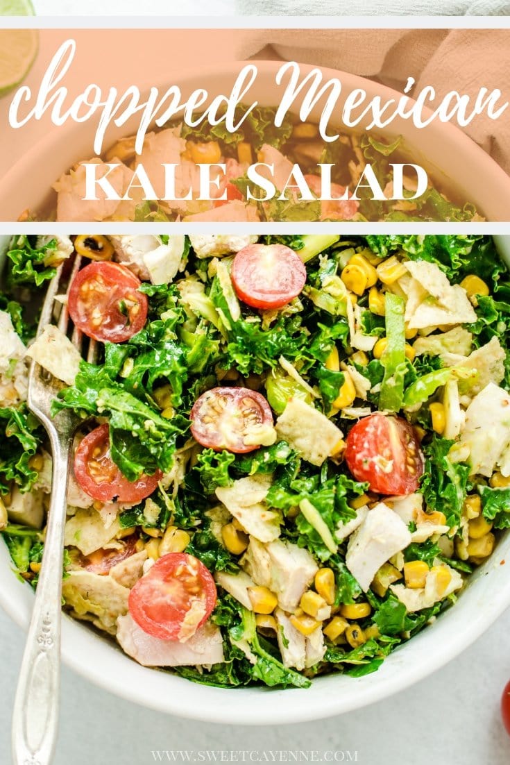 An overhead shot of a white bowl filled with chopped Mexican kale salad. 