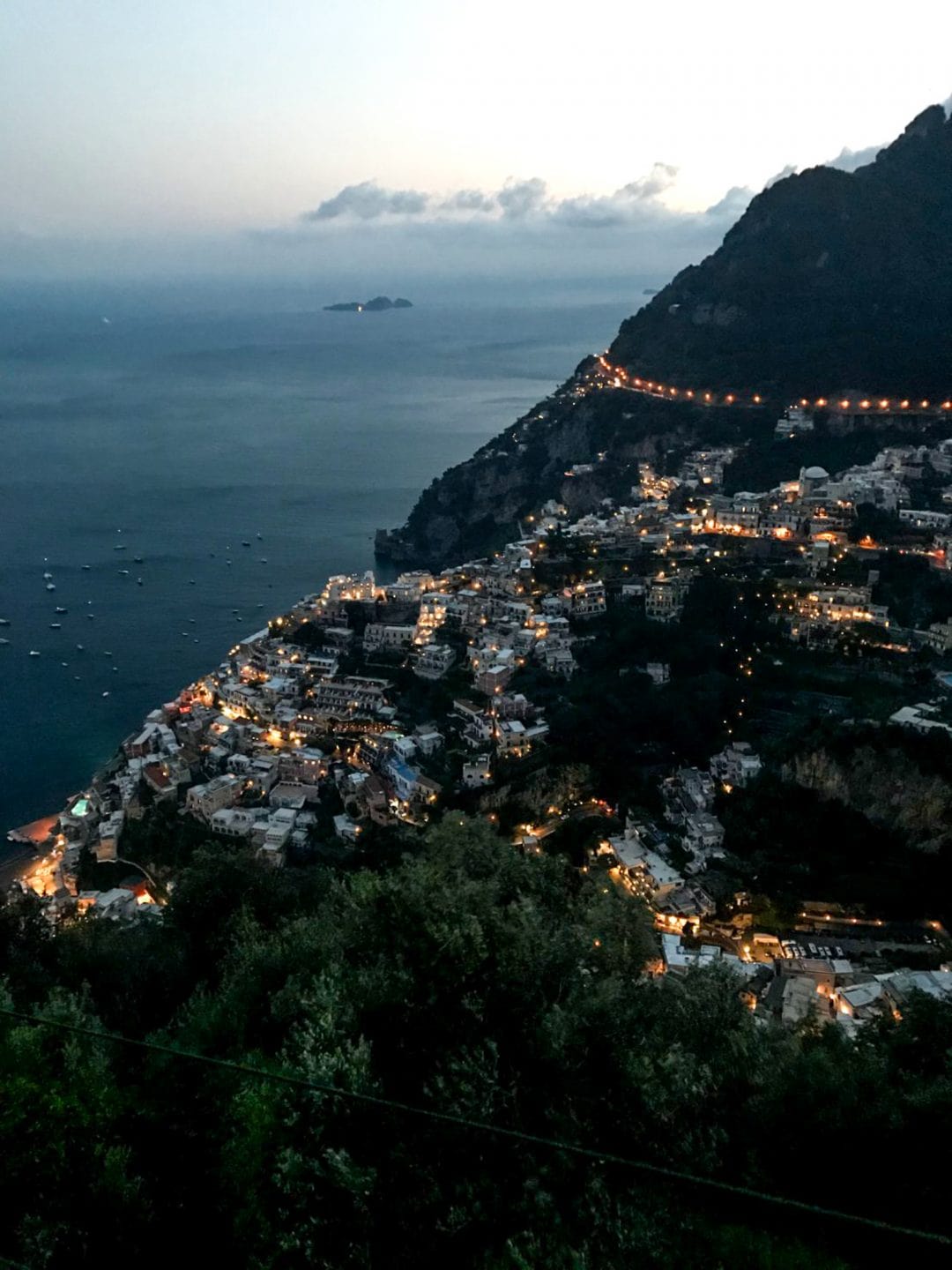 Positano viewed from above - a night scene. 