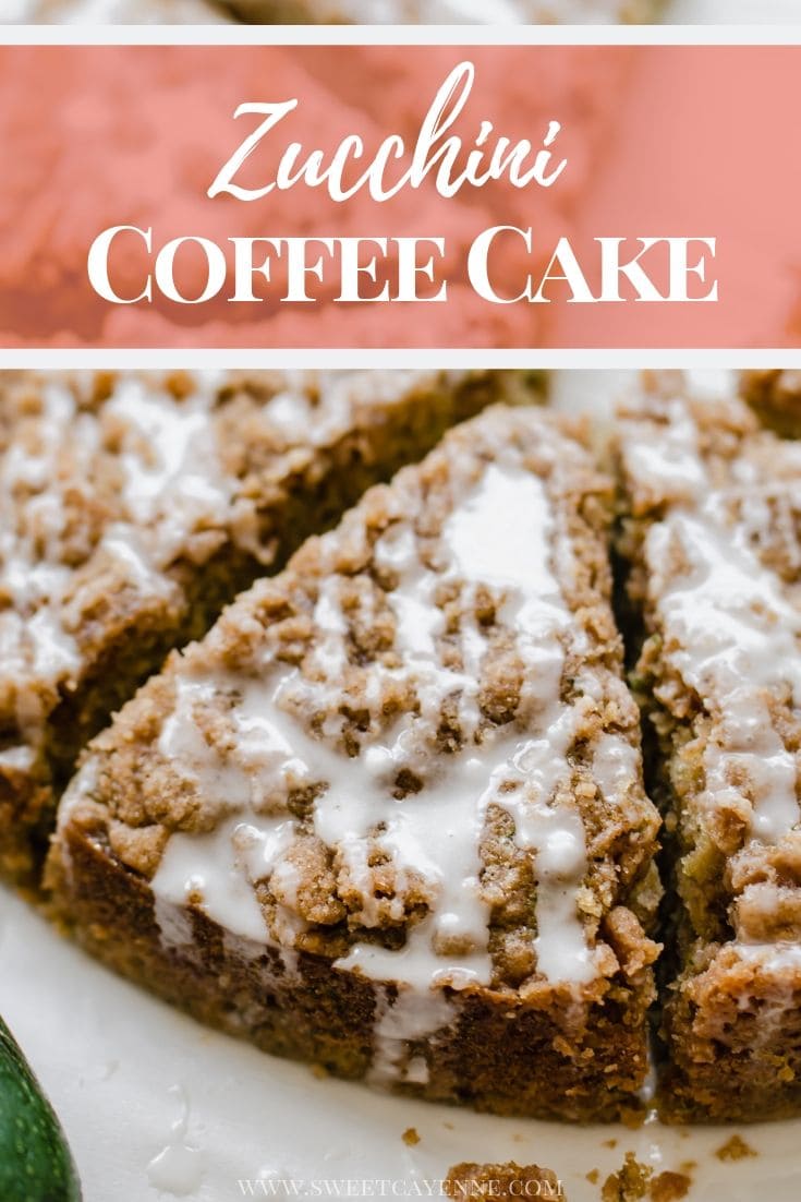 A close up shot of a sliced zucchini coffee cake to show the texture of the crumb topping.