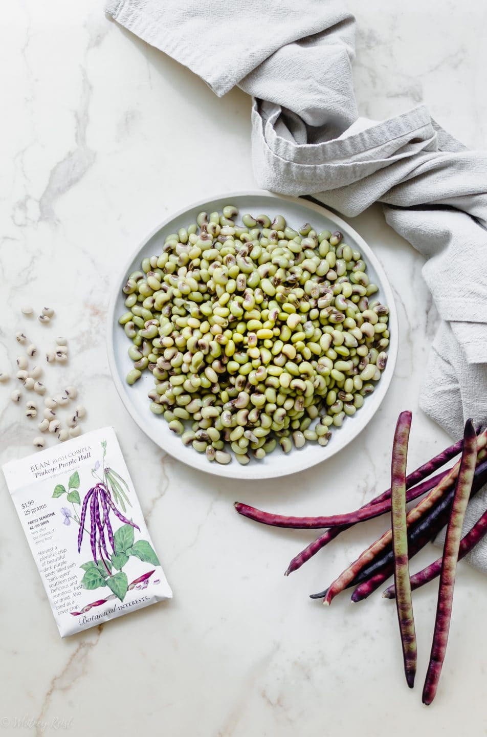 A plate of purple hull peas with a packet of pea seeds on the side.