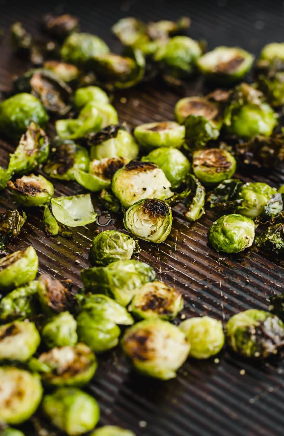 Roasted Brussels Sprouts on a sheet pan.