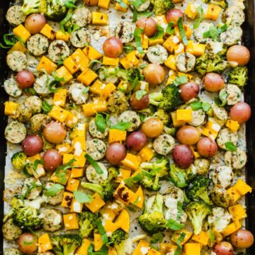 A sheet pan full of roasted vegetables.