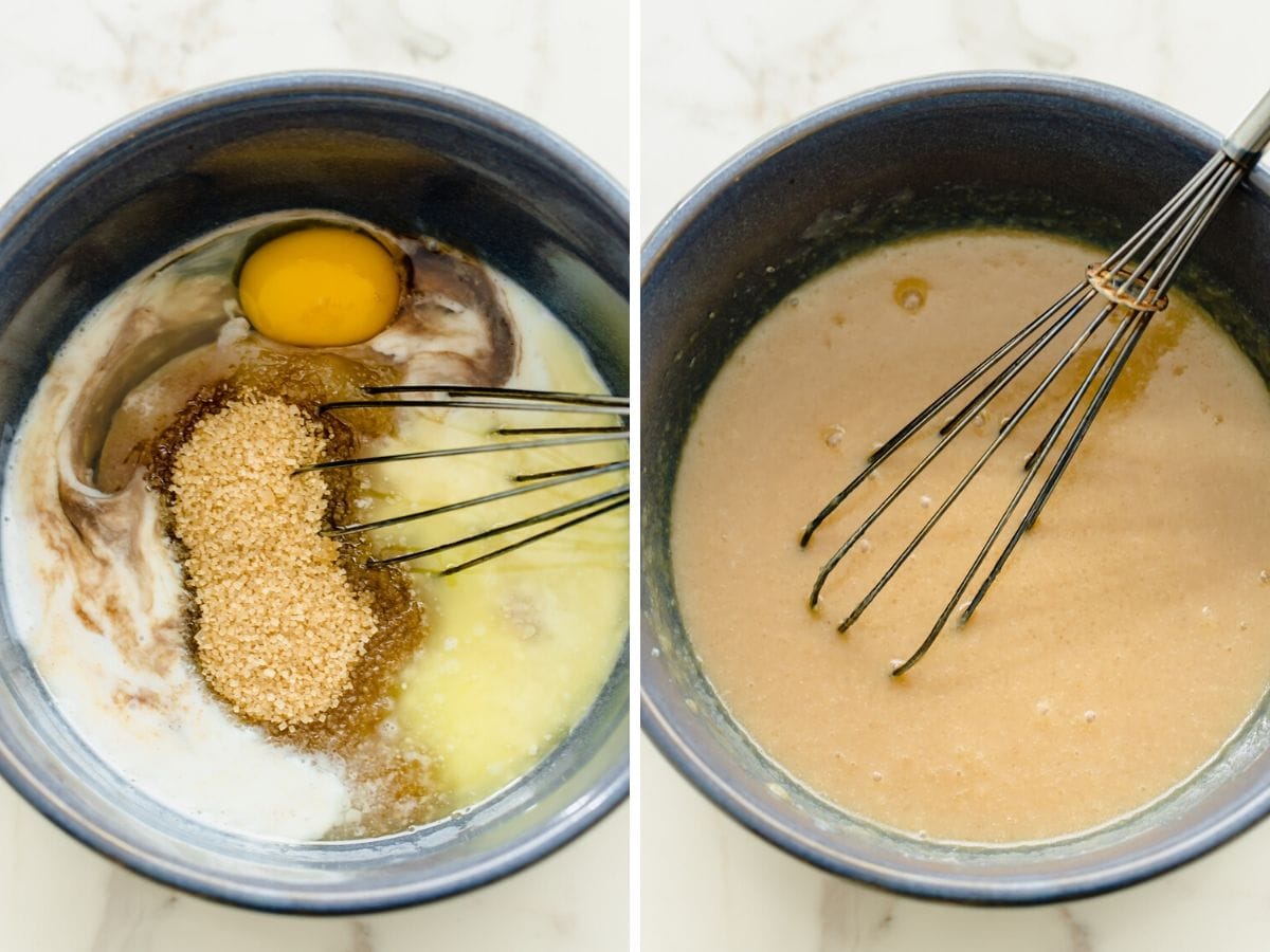 Wet ingredients being mixed for baked apple cider donut holes.