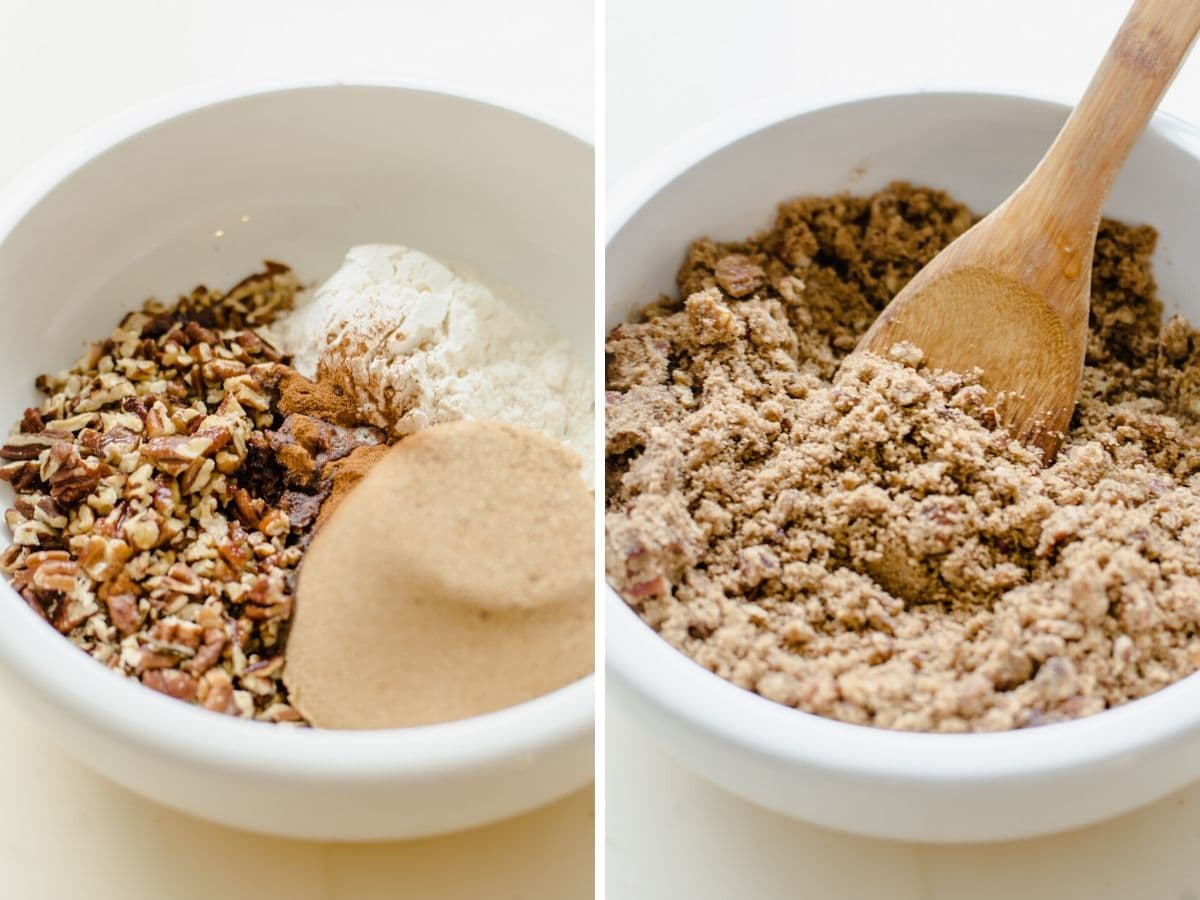 A side by side collage of toasted pecan streusel being mixed in a white bowl. 