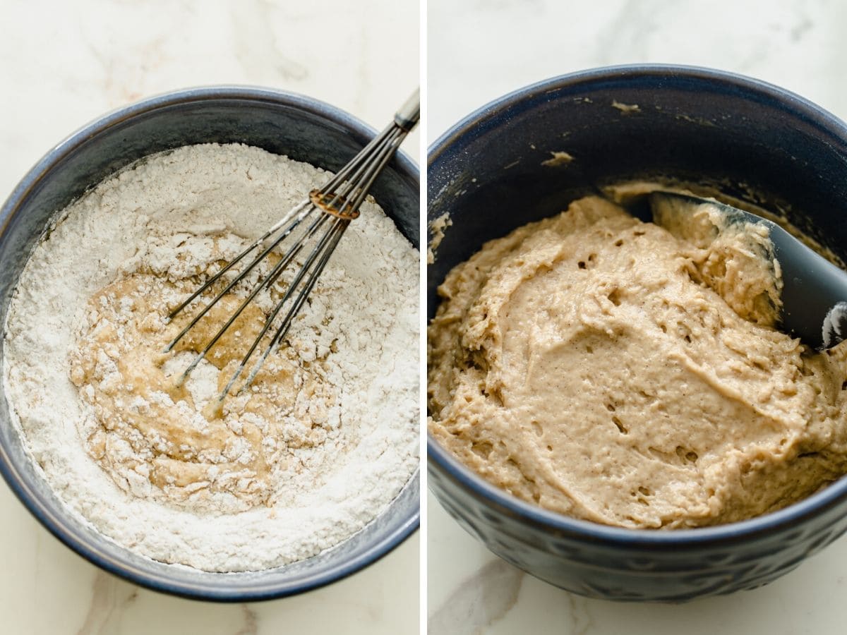 Dry ingredients being mixed for baked apple cider donut holes.