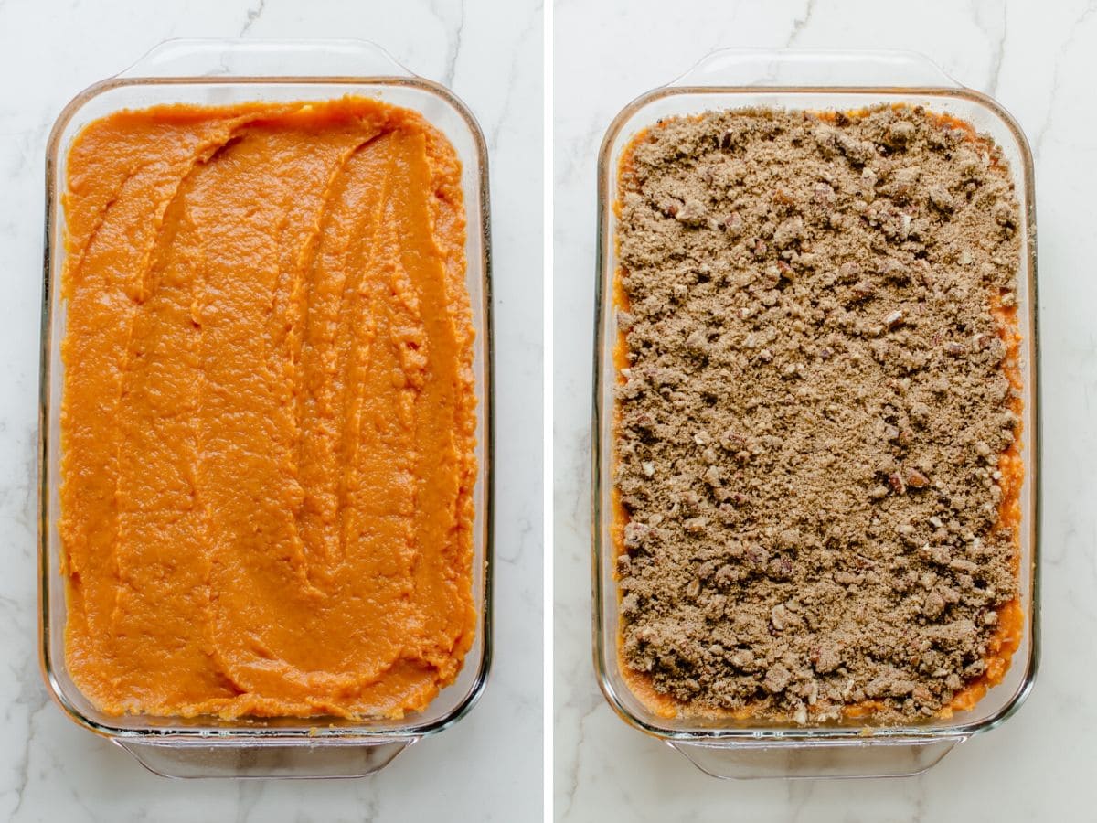 A side by side photo collage of sweet potato casserole untopped and then topped with streusel. 