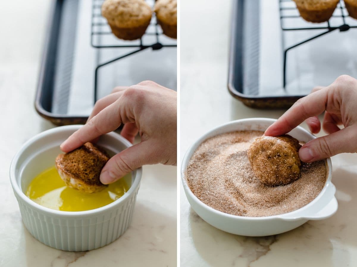 Two images showing donut holes dipped in melted butter and then cinnamon sugar.