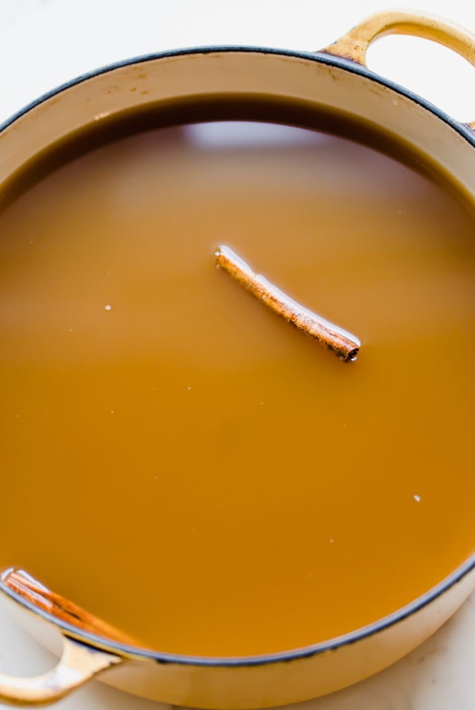 A Dutch oven filled with a gallon of apple cider and some cinnamon sticks.