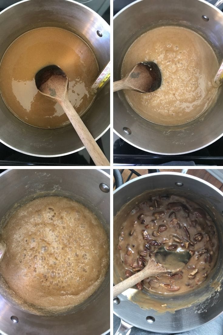 Overhead shot collage of the process of boiling pecan praline candy.