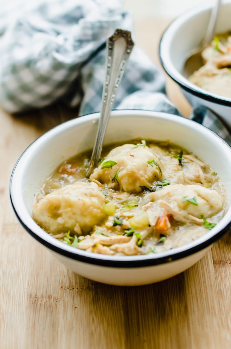 A side shot of a white enamel bowl with turkey and drop biscuit dumplings. 