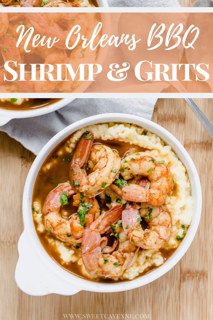 A close up shot of a white bowl filled with barbecue shrimp and grits with an antique spoon on the side.