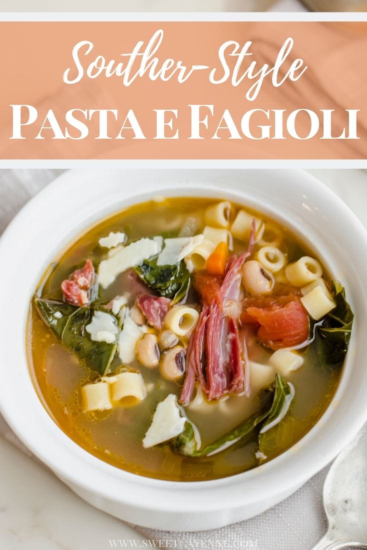 An up-close shot of a white bowl of Southern-style pasta e Fagioli.