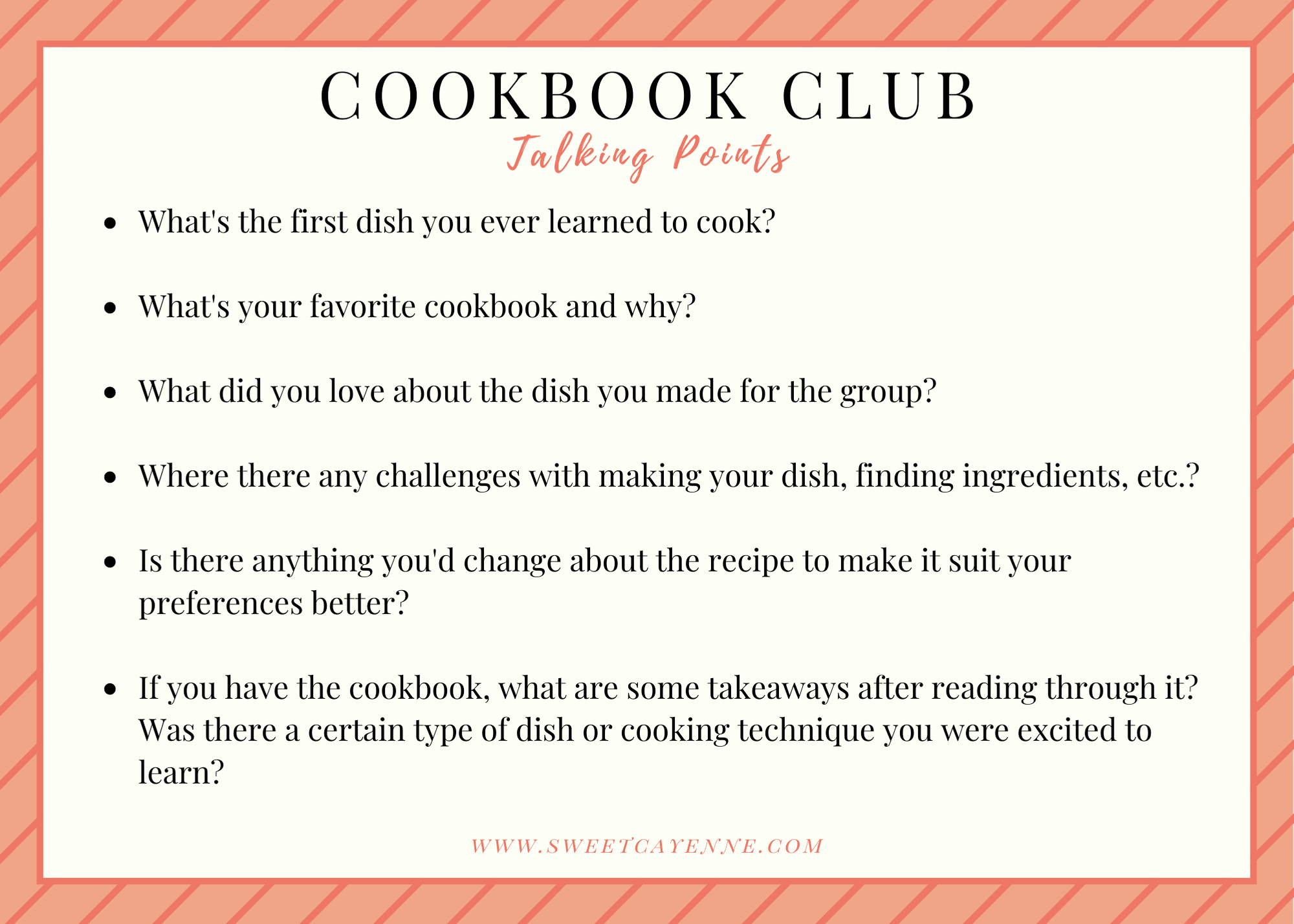 Cookbook club talking points card