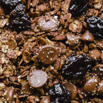 A close up shot of double chocolate cherry granola to show texture.