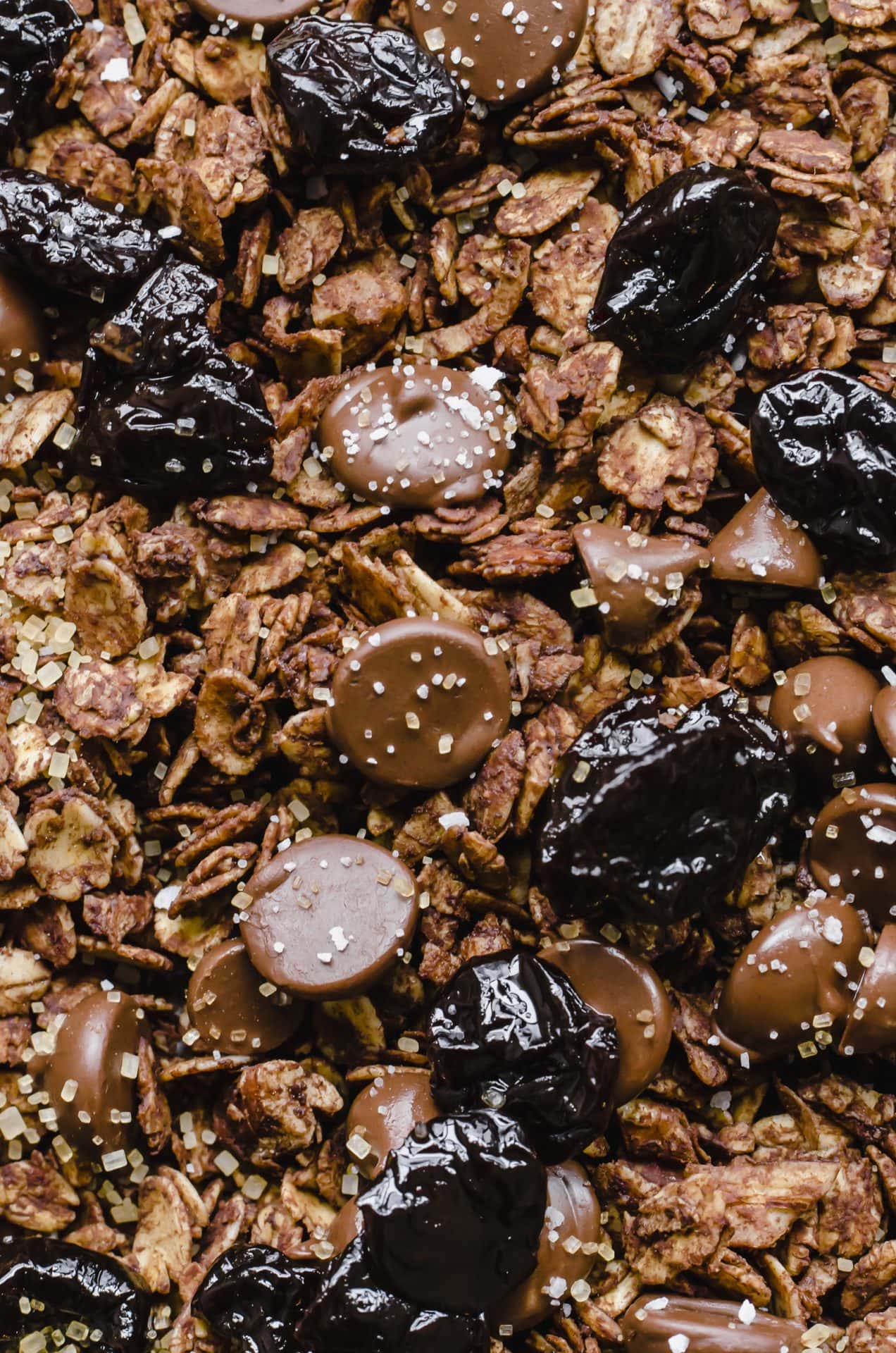 A close up shot of double chocolate cherry granola to show texture.