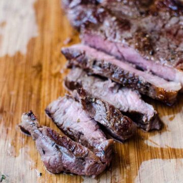 Sous vide cooked steak, sliced into strips.