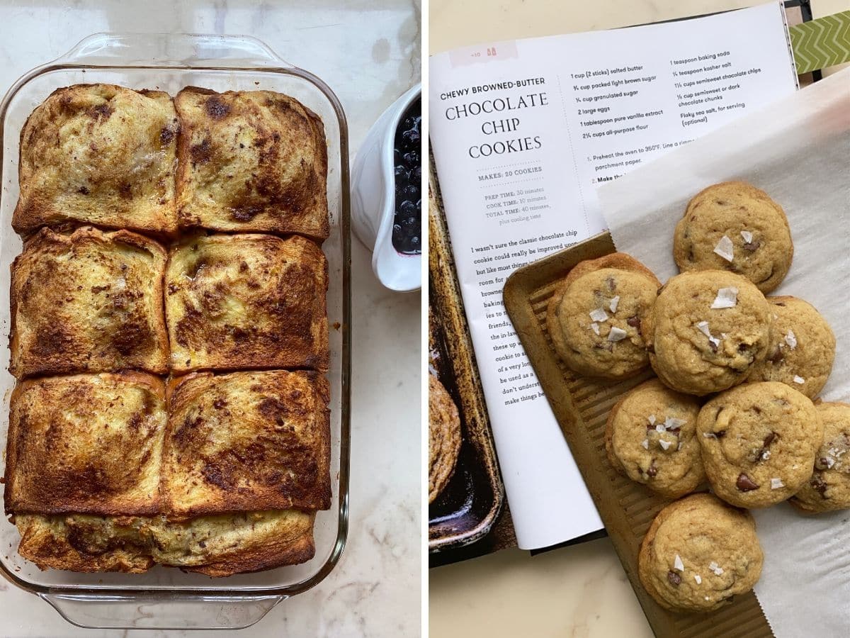 A collage of images with overnight French toast on white counter and a pan of chocolate chip cookies. 