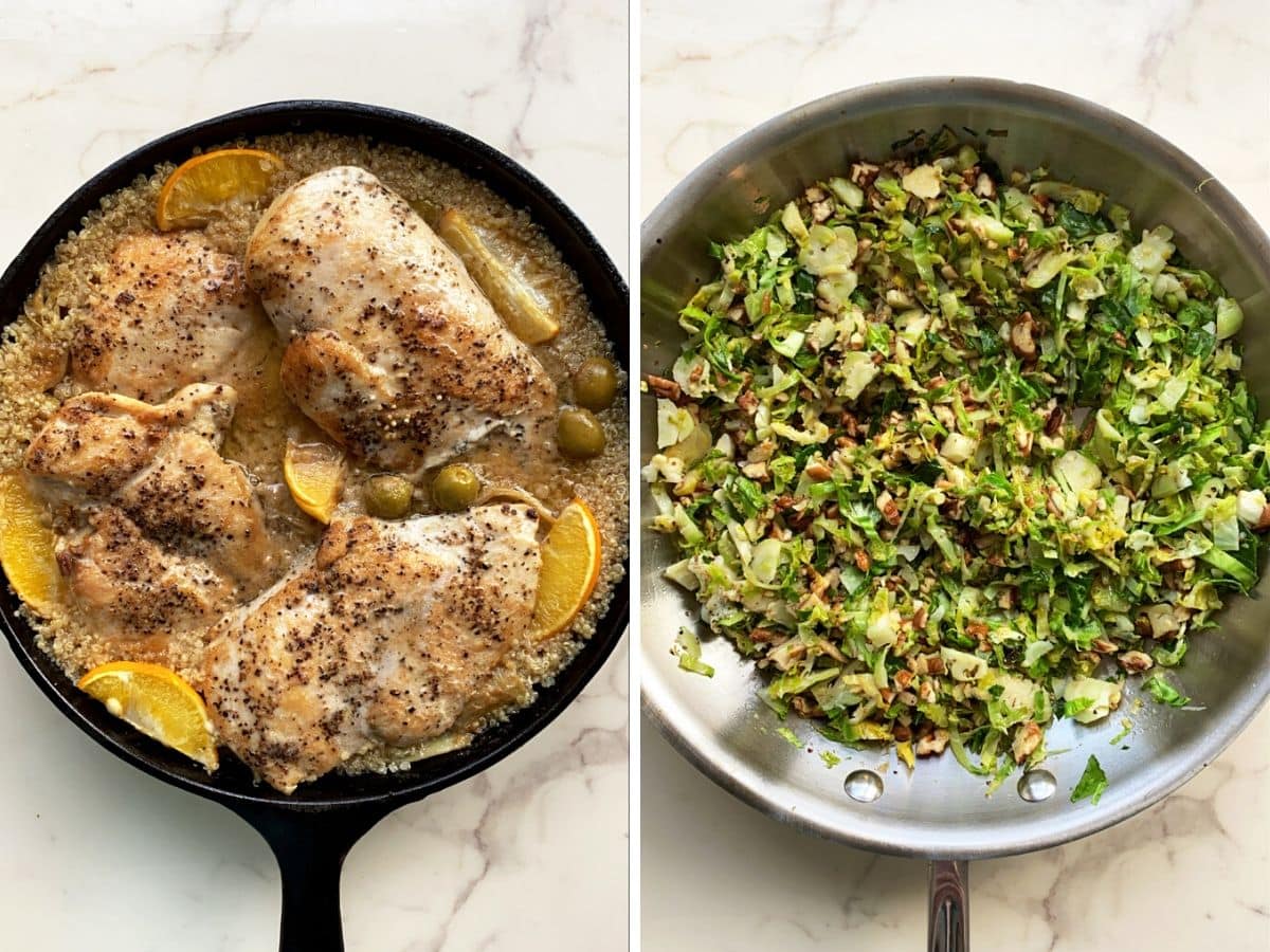 A pan of wine braised chicken with orzo and skillet of cacio e pepe brussels sprouts on a white counter. 