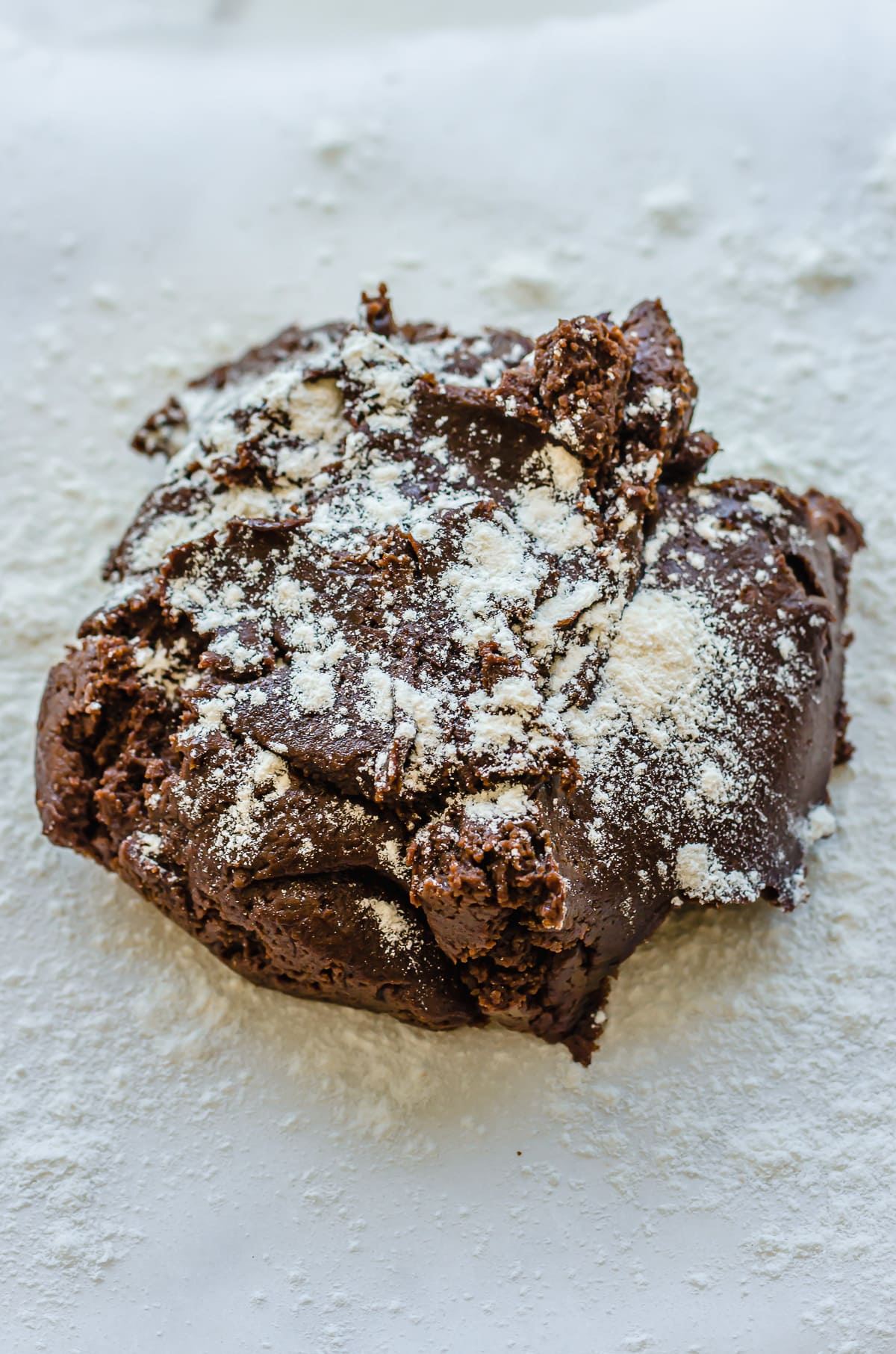 Chocolate cookie dough on a floured surface.