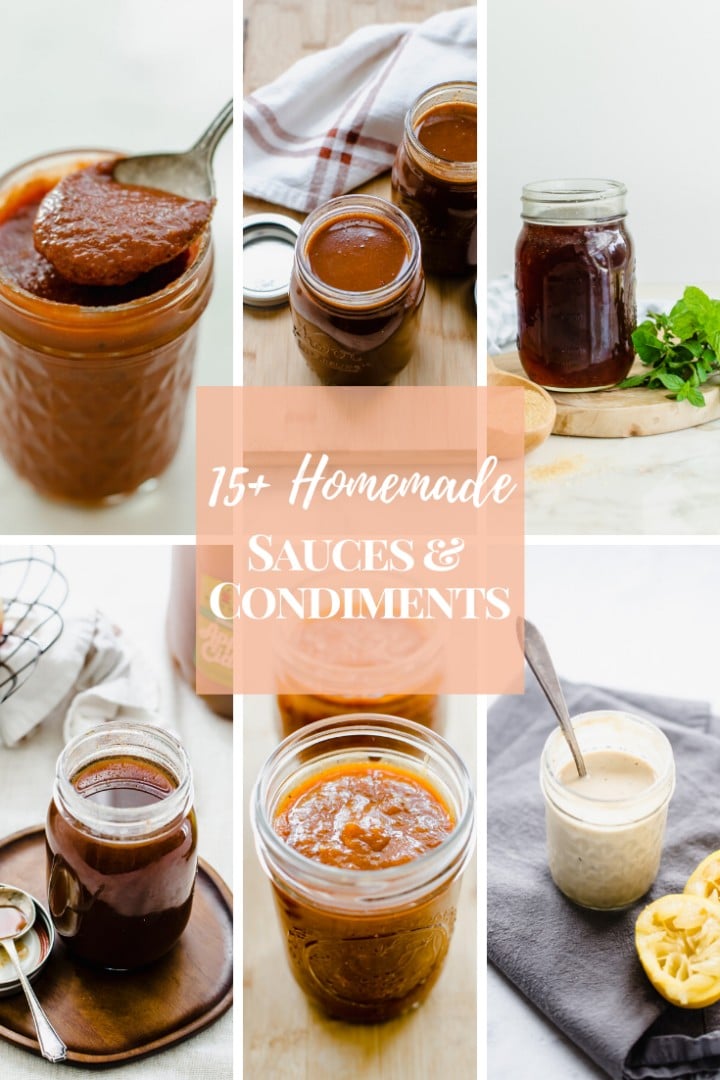 A collage of 6 homemade sauces in mason jars on a white marble countertop.