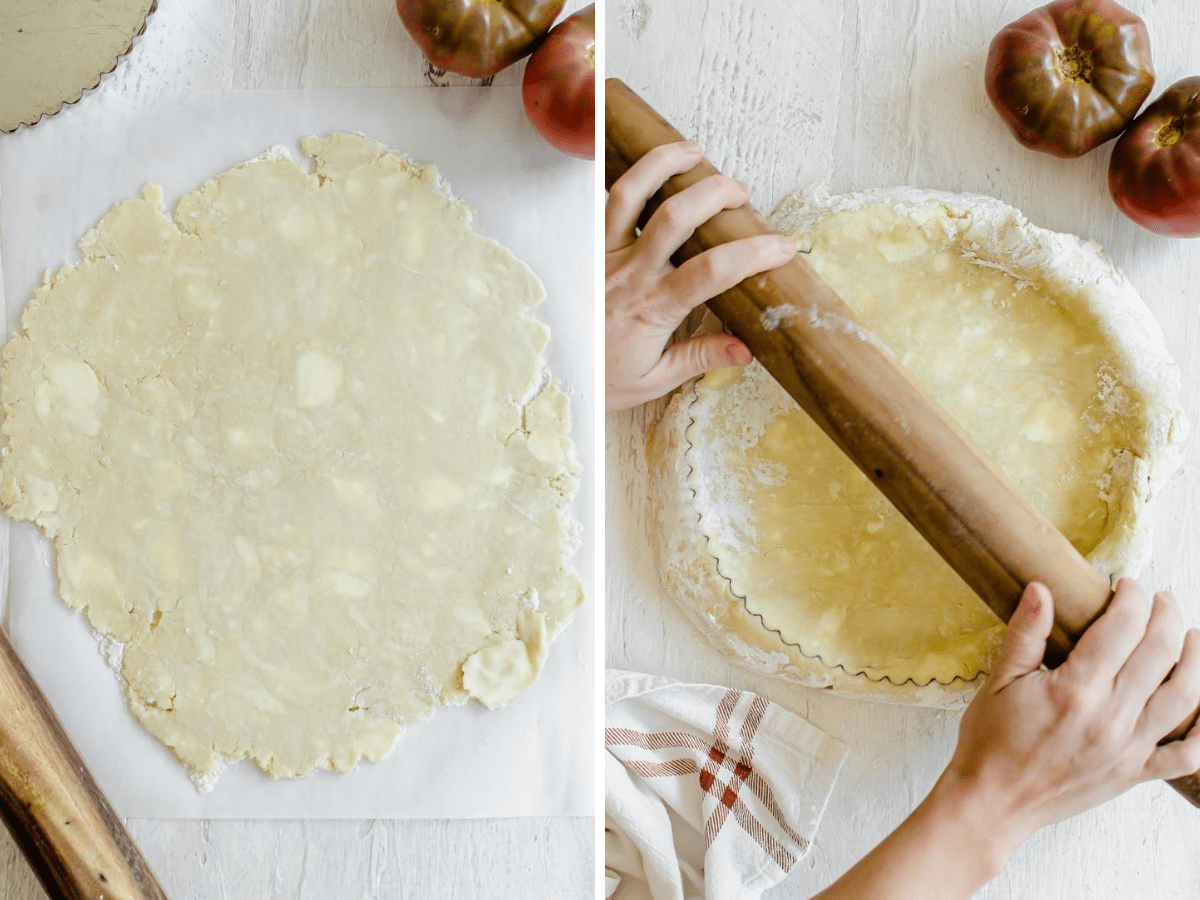 Tart dough being rolled out and fitted into a tart pan. 