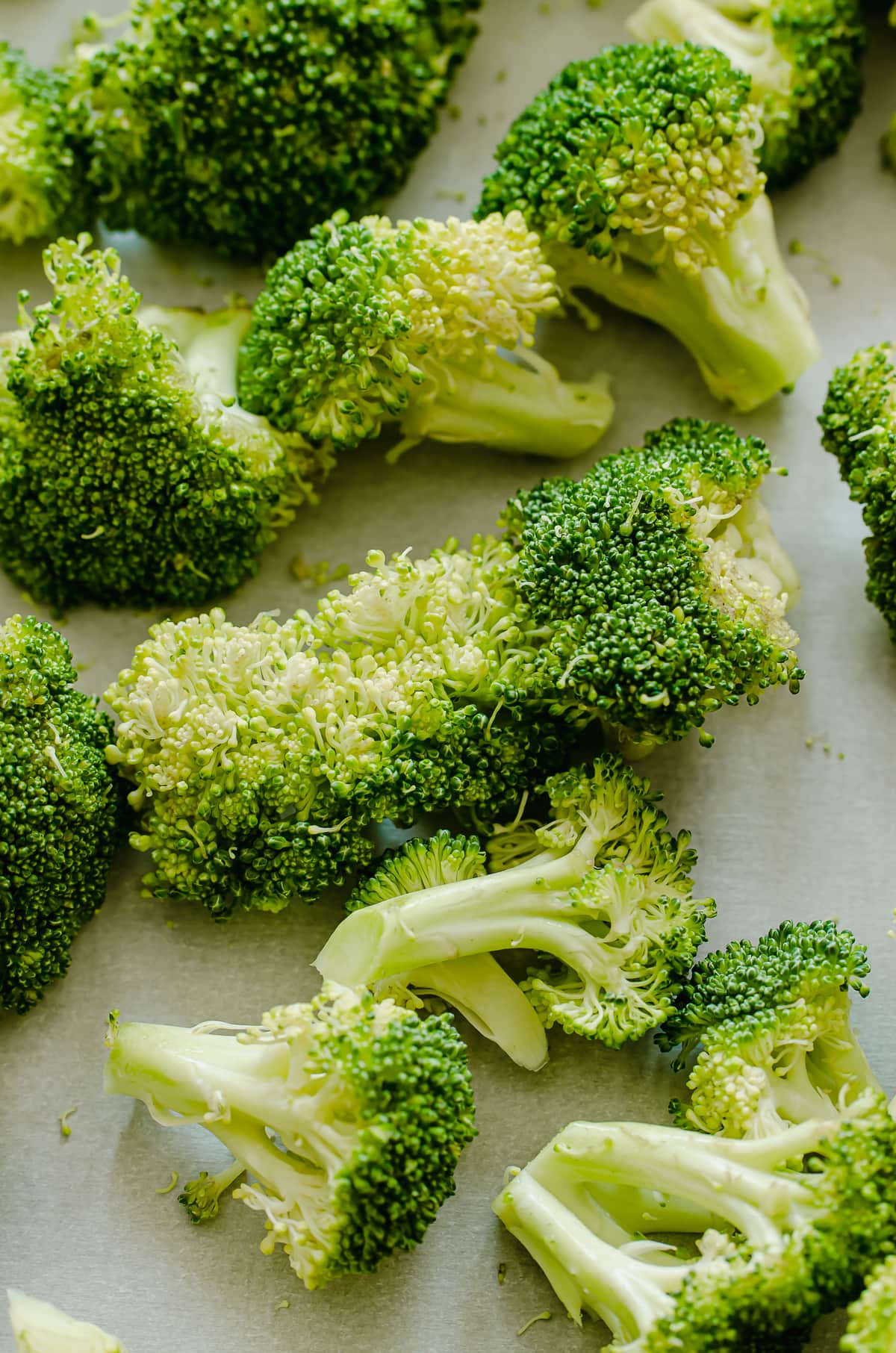 Raw broccoli florets on a baking sheet with parchment paper.